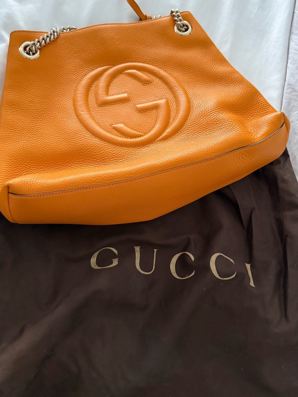 Gucci Orange Pebbled Leather Chain Shoulder Bag with GG Motif
